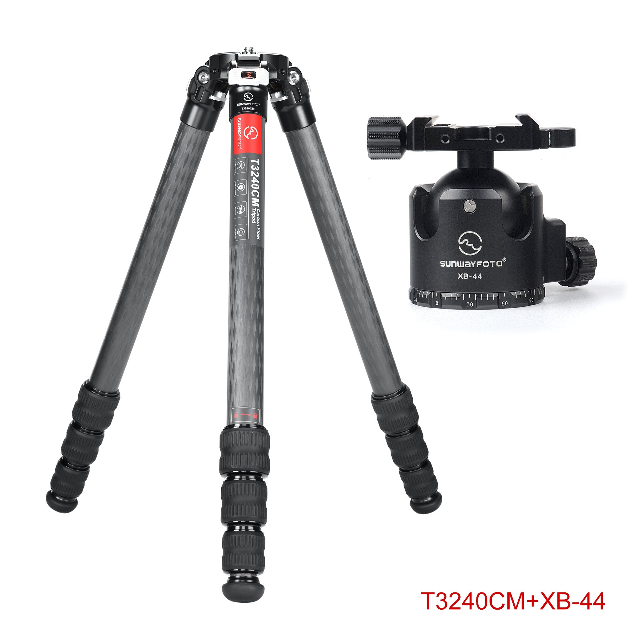 Sunwayfoto T3240CM+XB-44 Master Series Carbon Fiber 4-Section Tripod Kit 25kg Load 75mm Bowl for Professional Telephoto Sports Wildlife Photography